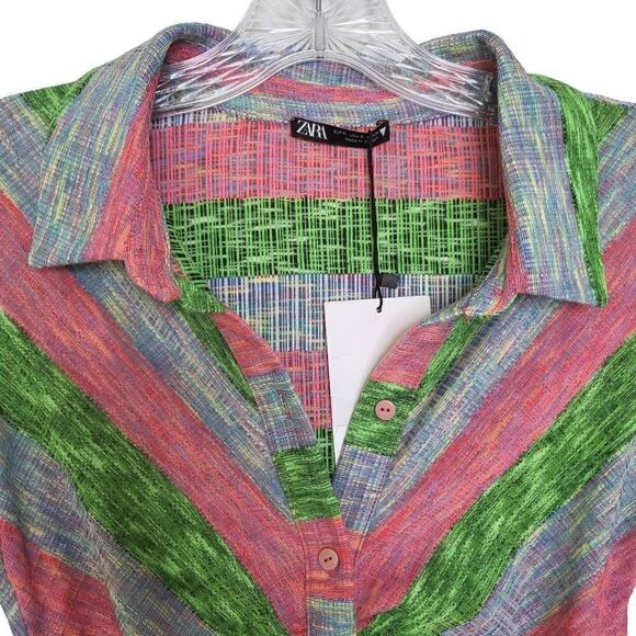 Zara Collared Shirt Dress With Ruching Multicolor Striped Size Small - Picture 6 of 11